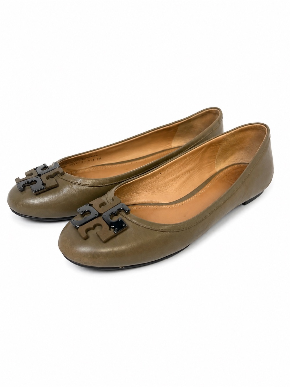 Tory Burch Lowell Leather Logo Ballet Flats Fango/Taupe Slip-On Comfort 7M Women